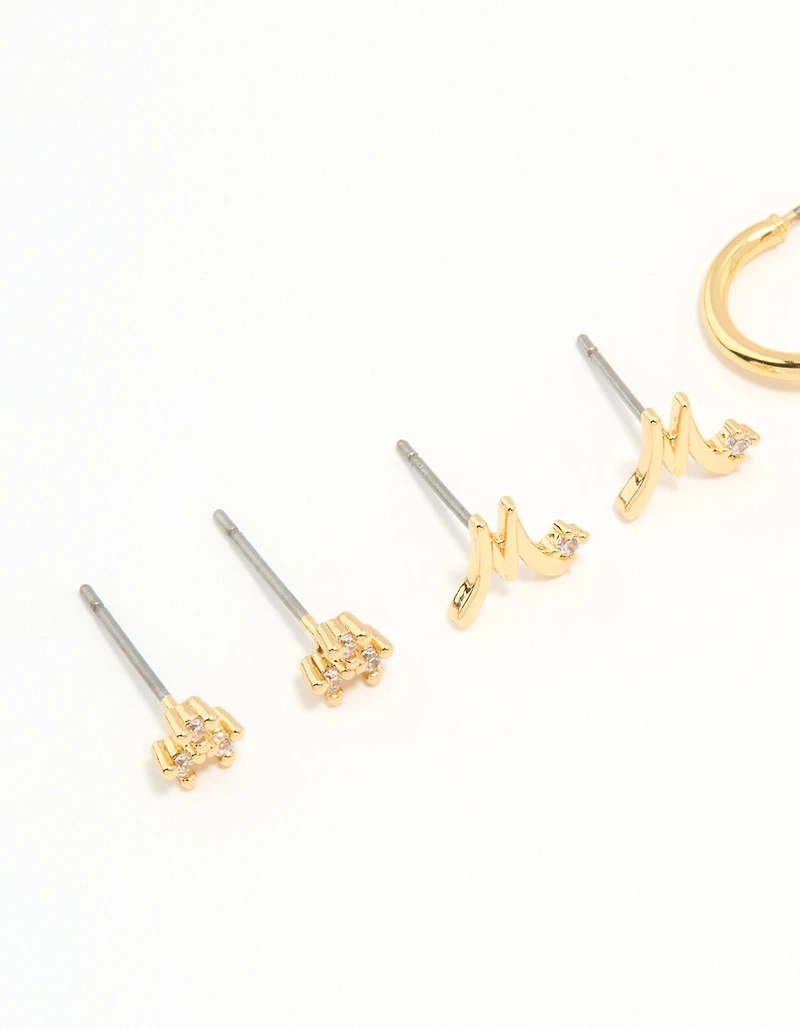 Gold Plated Cubic Zirconia Letter M Dainty Flower Earrings Pack