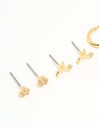 Gold Plated Cubic Zirconia Letter M Dainty Flower Earrings Pack