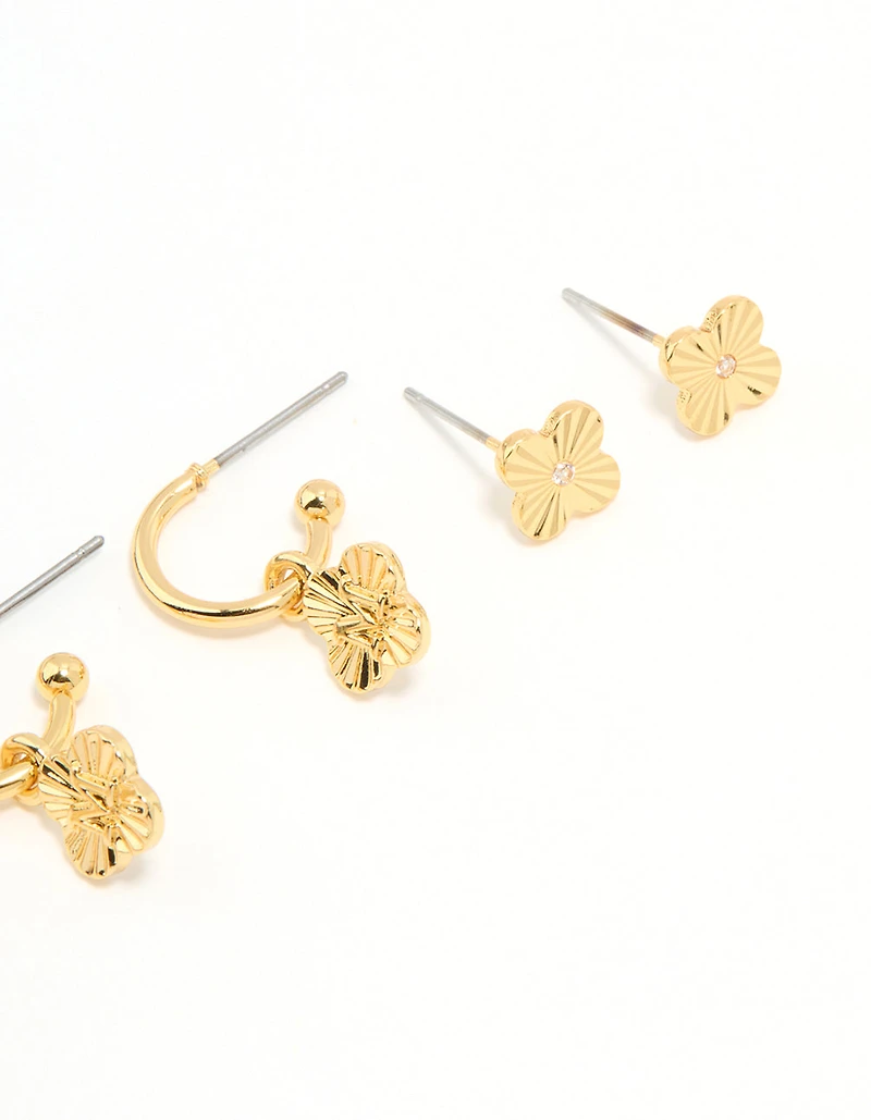 Gold Plated Cubic Zirconia Letter M Dainty Flower Earrings Pack