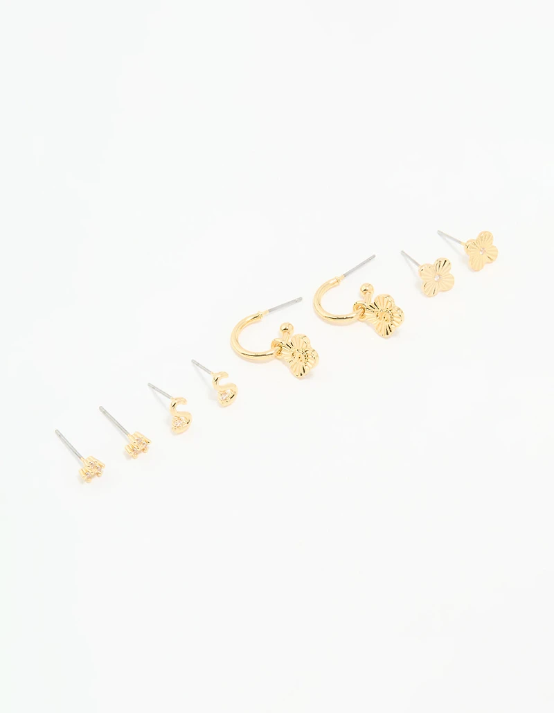 Gold Plated Cubic Zirconia Letter S & Flower Earrings 4-Pack