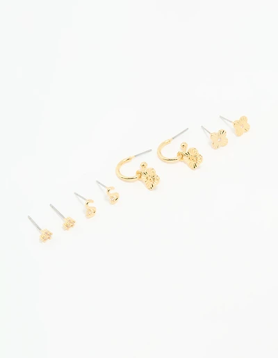 Gold Plated Cubic Zirconia Letter S & Flower Earrings 4-Pack