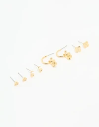 Gold Plated Cubic Zirconia Letter S & Flower Earrings 4-Pack