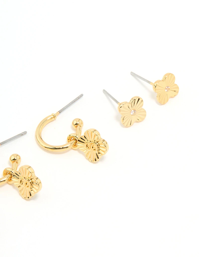 Gold Plated Cubic Zirconia Letter S & Flower Earrings 4-Pack
