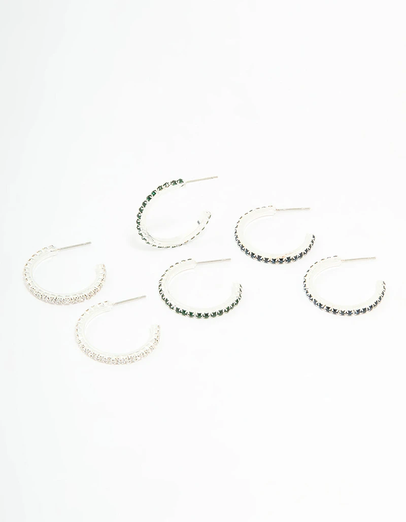 Silver Emerald Diamante Pavé Hoop Earrings 3-Pack