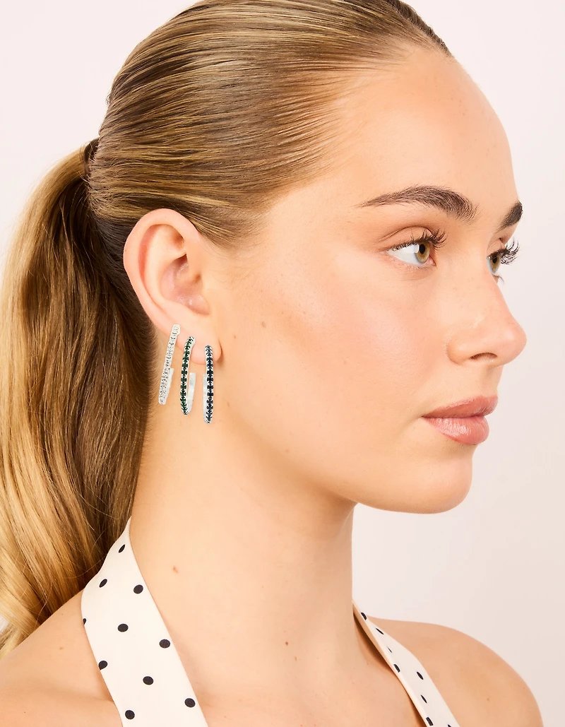 Silver Emerald Diamante Pavé Hoop Earrings 3-Pack