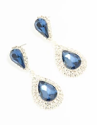 Silver Blue Diamante Double Pear Drop Earrings