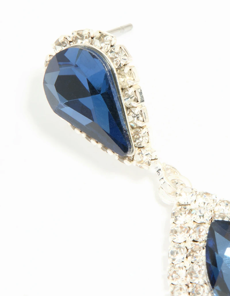 Silver Blue Diamante Double Pear Drop Earrings
