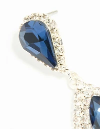 Silver Blue Diamante Double Pear Drop Earrings