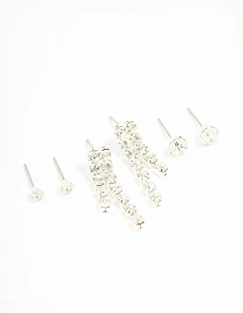 Silver Diamante Stud & Cupchain Earrings 3-Pack