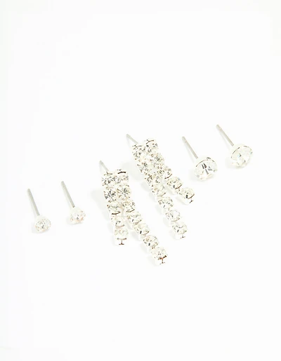 Silver Diamante Stud & Cupchain Earrings 3-Pack