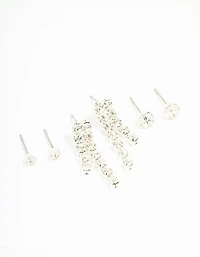 Silver Diamante Stud & Cupchain Earrings 3-Pack