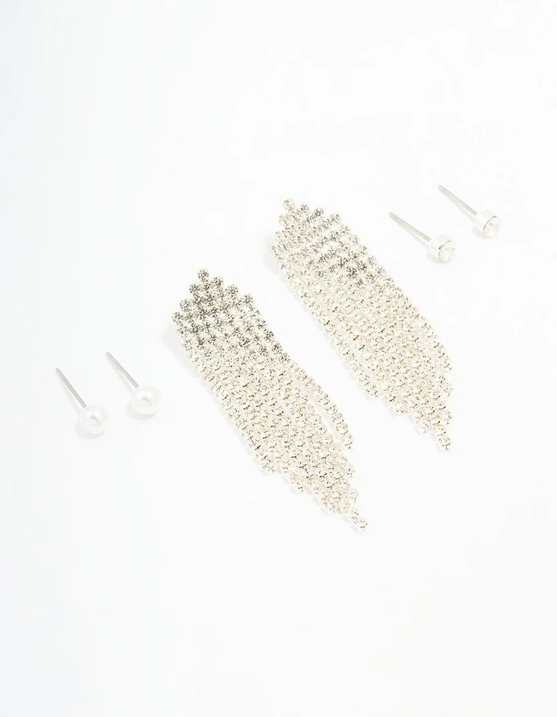Silver Pearl Stud & Diamante Cupchain Earrings 3-Pack