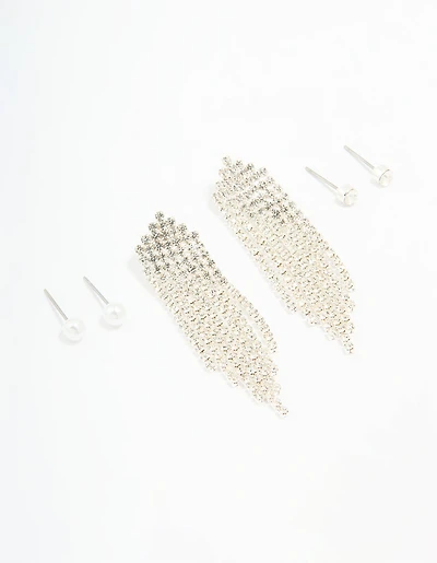 Silver Pearl Stud & Diamante Cupchain Earrings 3-Pack