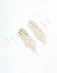Silver Pearl Stud & Diamante Cupchain Earrings 3-Pack