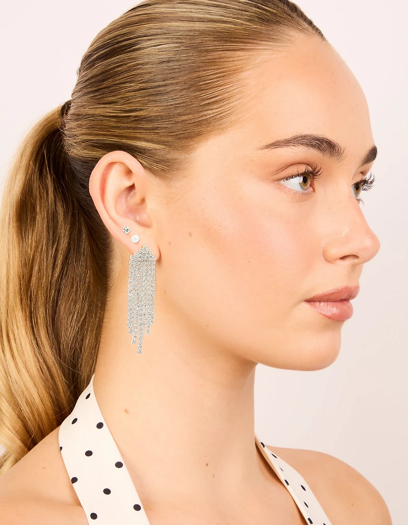 Silver Pearl Stud & Diamante Cupchain Earrings 3-Pack