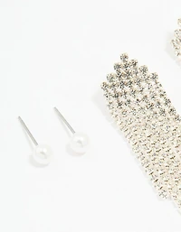 Silver Pearl Stud & Diamante Cupchain Earrings 3-Pack