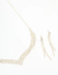 Silver Diamante Thin Pavé Twisted Necklace & Earrings Set