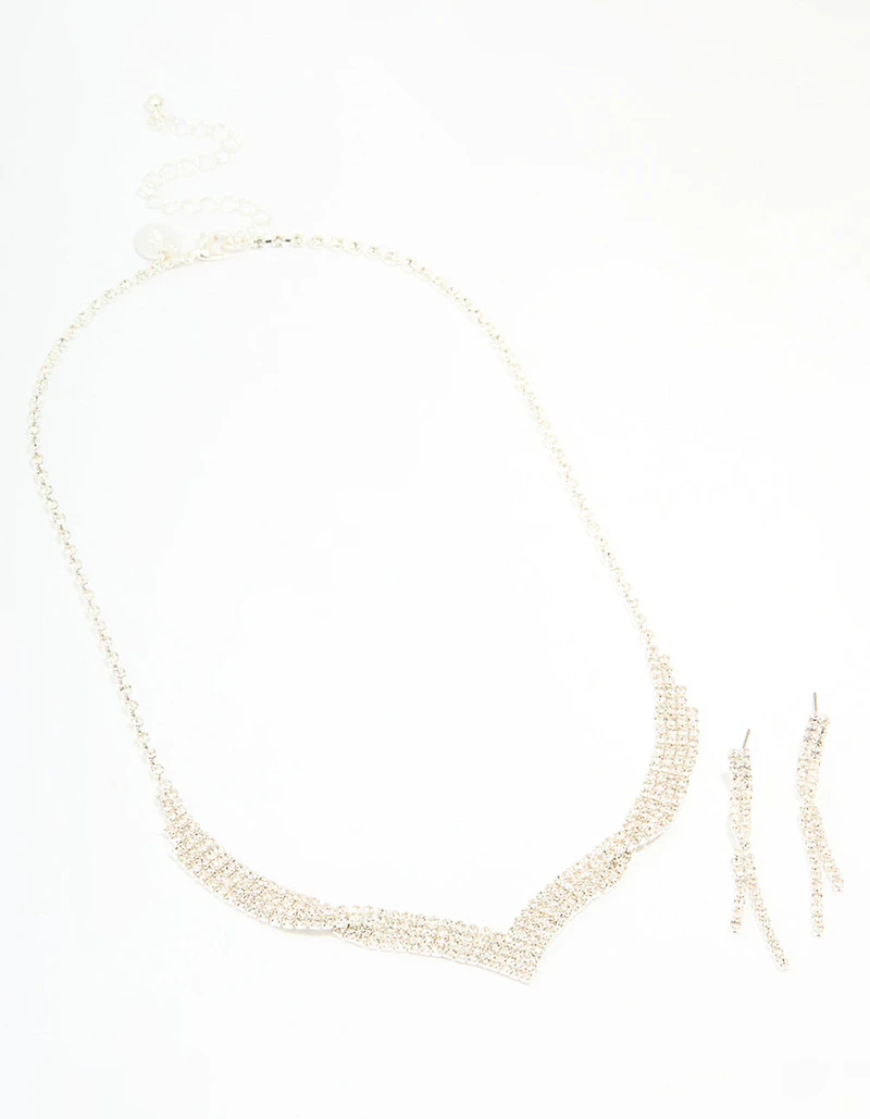 Silver Diamante Thin Pavé Twisted Necklace & Earrings Set