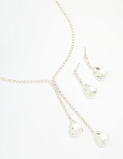 Silver Diamante Pearl Drop Y-Necklace & Earrings Set