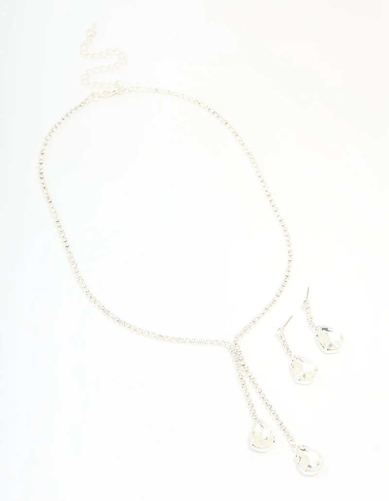 Silver Diamante Pearl Drop Y-Necklace & Earrings Set