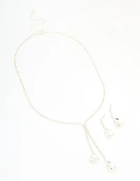 Silver Diamante Pearl Drop Y-Necklace & Earrings Set