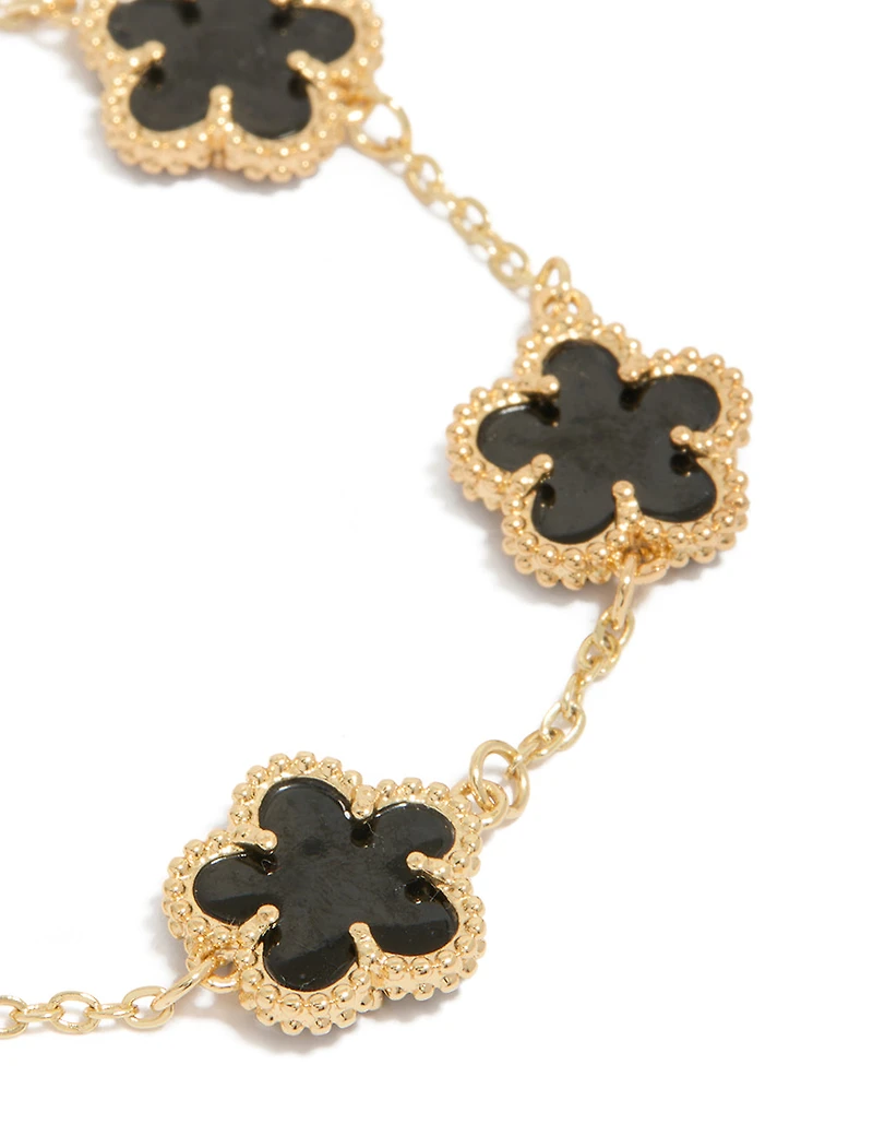 Gold Plated Black Flowers Charm Bracelet