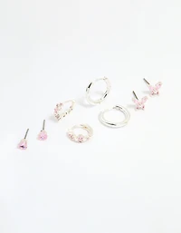 Silver Plated Brass Pink Cubic Zirconia Pave & Butterfly Stud Earrings 4-Pack