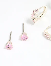 Silver Plated Brass Pink Cubic Zirconia Pave & Butterfly Stud Earrings 4-Pack