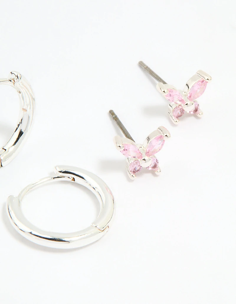 Silver Plated Brass Pink Cubic Zirconia Pave & Butterfly Stud Earrings 4-Pack
