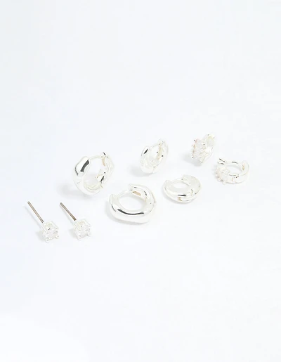 Silver Plated Brass Cubic Zirconia Baguette Hoops & Stud Earrings 4-Pack
