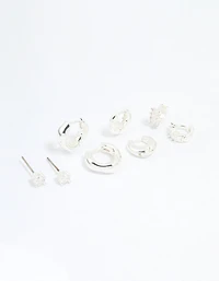 Silver Plated Brass Cubic Zirconia Baguette Hoops & Stud Earrings 4-Pack