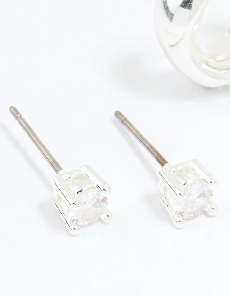 Silver Plated Brass Cubic Zirconia Baguette Hoops & Stud Earrings 4-Pack
