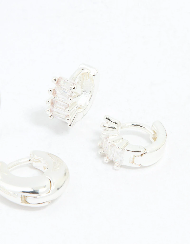Silver Plated Brass Cubic Zirconia Baguette Hoops & Stud Earrings 4-Pack