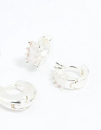Silver Plated Brass Cubic Zirconia Baguette Hoops & Stud Earrings 4-Pack