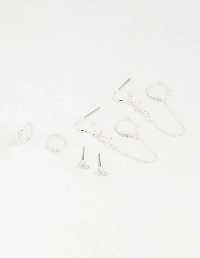 Silver Plated Brass Cubic Zirconia Cross Stud & Chain Earrings 4-Pack