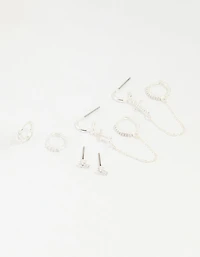 Silver Plated Brass Cubic Zirconia Cross Stud & Chain Earrings 4-Pack