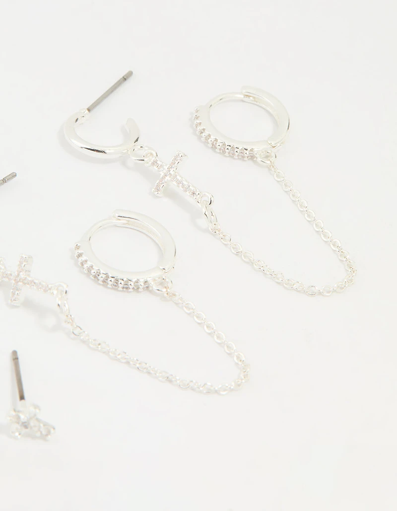 Silver Plated Brass Cubic Zirconia Cross Stud & Chain Earrings 4-Pack