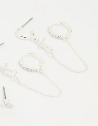 Silver Plated Brass Cubic Zirconia Cross Stud & Chain Earrings 4-Pack