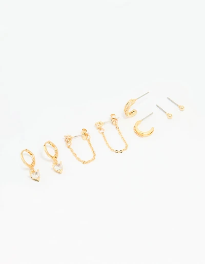 Gold Plated Brass Cubic Zirconia Heart & Chunky Huggie Earrings 4-Pack