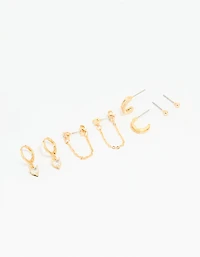 Gold Plated Brass Cubic Zirconia Heart & Chunky Huggie Earrings 4-Pack