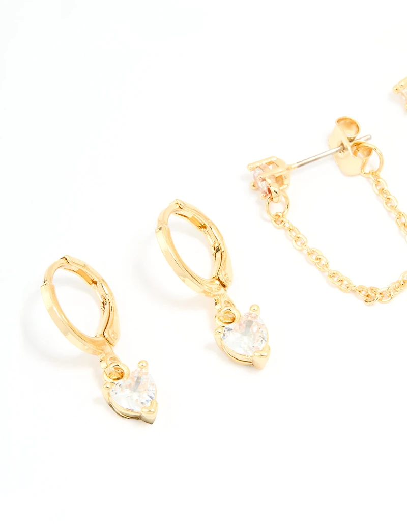 Gold Plated Brass Cubic Zirconia Heart & Chunky Huggie Earrings 4-Pack