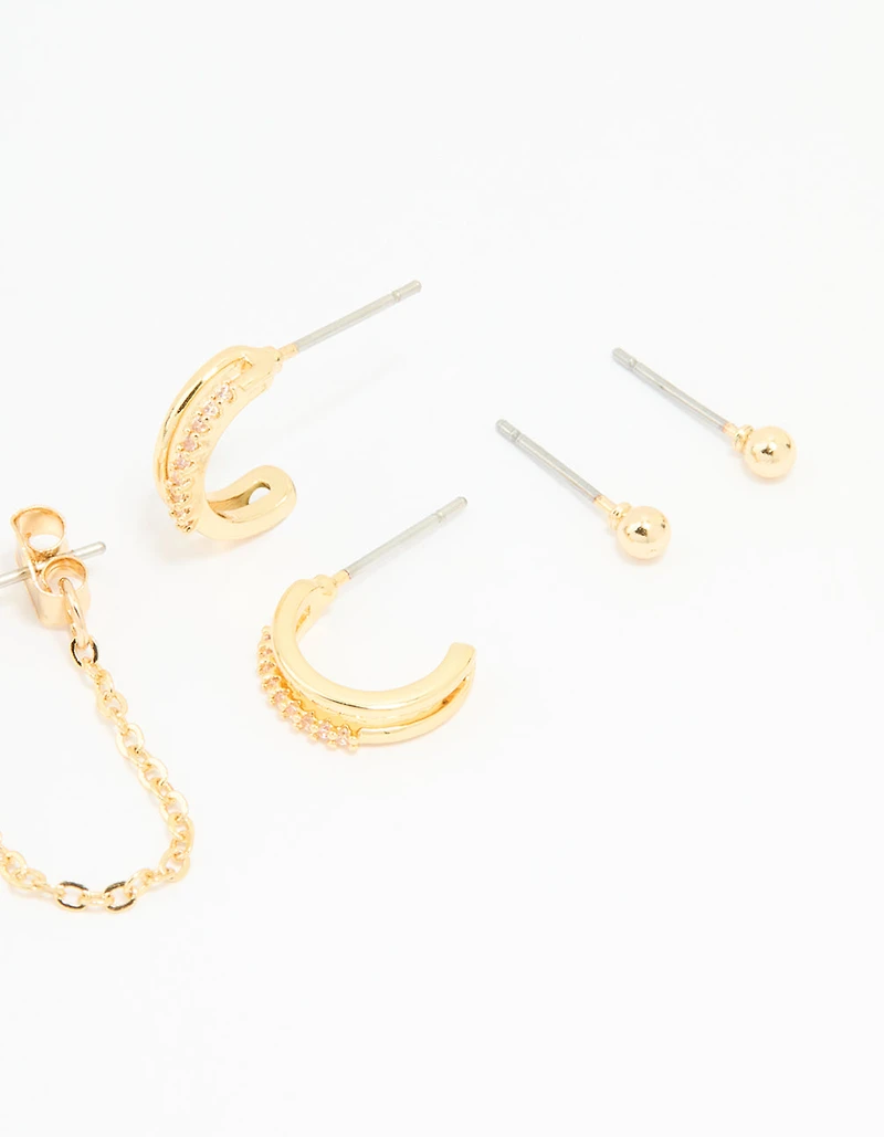 Gold Plated Brass Cubic Zirconia Heart & Chunky Huggie Earrings 4-Pack