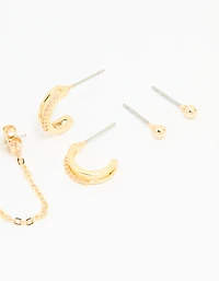 Gold Plated Brass Cubic Zirconia Heart & Chunky Huggie Earrings 4-Pack