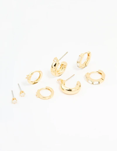 Gold Plated Brass Cubic Zirconia Huggie & Stud Earrings 4-Pack