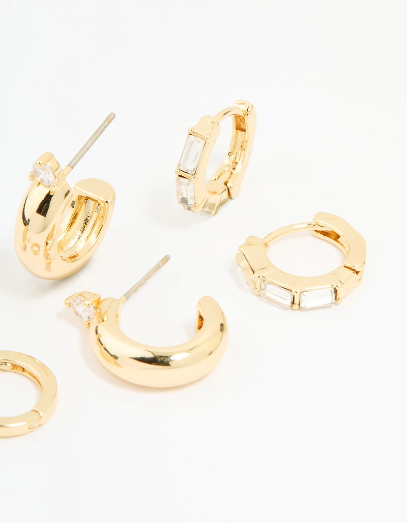 Gold Plated Brass Cubic Zirconia Huggie & Stud Earrings 4-Pack
