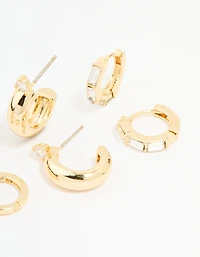 Gold Plated Brass Cubic Zirconia Huggie & Stud Earrings 4-Pack