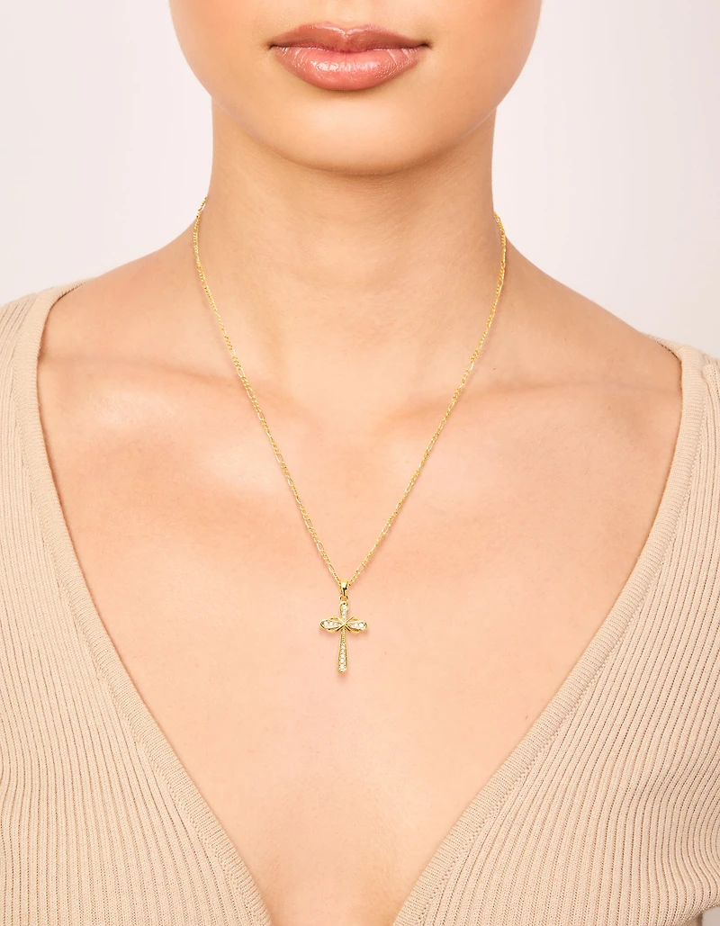 Gold Plated Brass Cubic Zirconia Large Cross Pendant Necklace