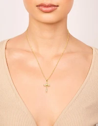 Gold Plated Brass Cubic Zirconia Large Cross Pendant Necklace