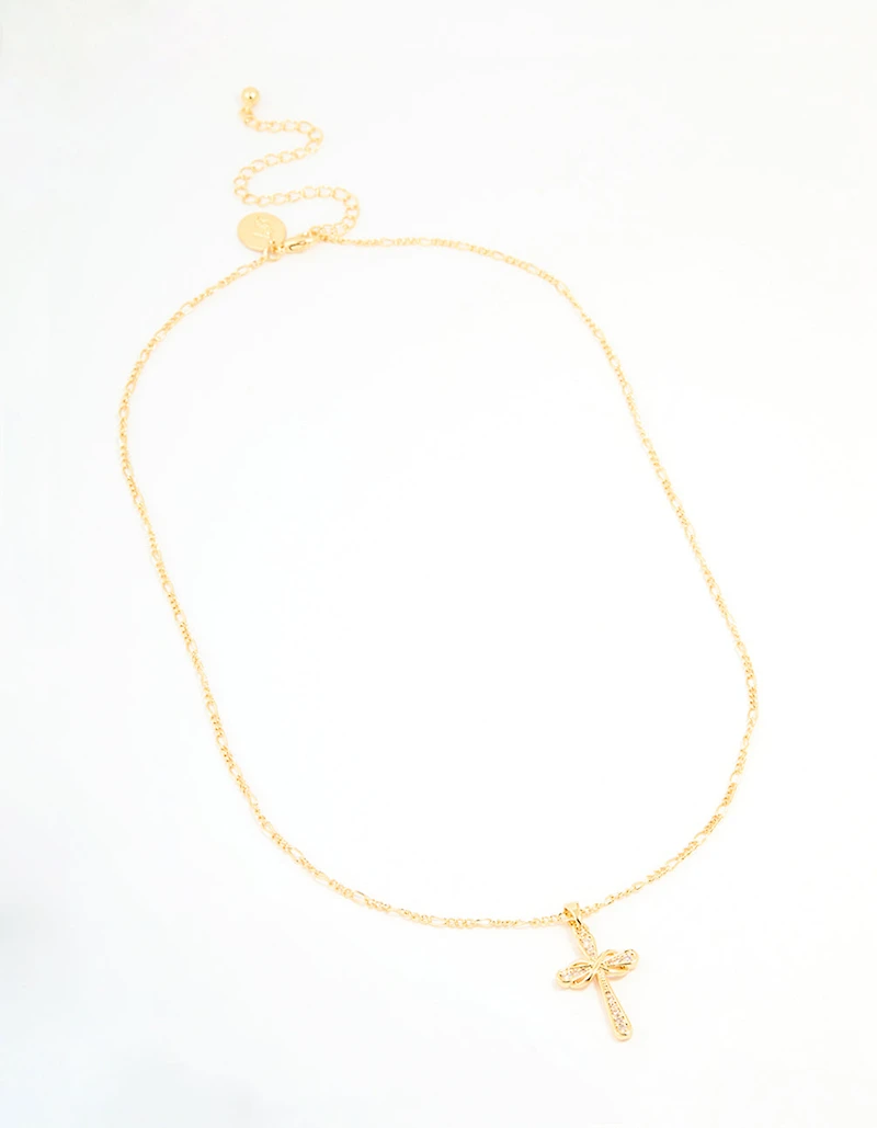 Gold Plated Brass Cubic Zirconia Large Cross Pendant Necklace