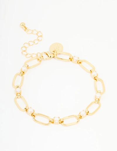 Gold Plated Brass Pearl Oval Link Chain Bracelet